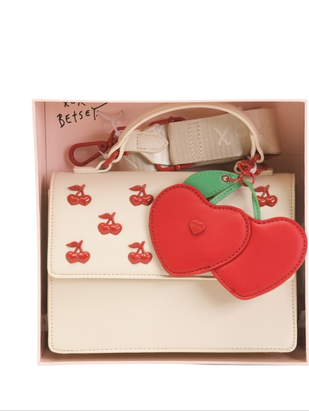 👉✨️ Betsey Johnson White Satchel with Red Cherry Appliqués & Red Heart Charm